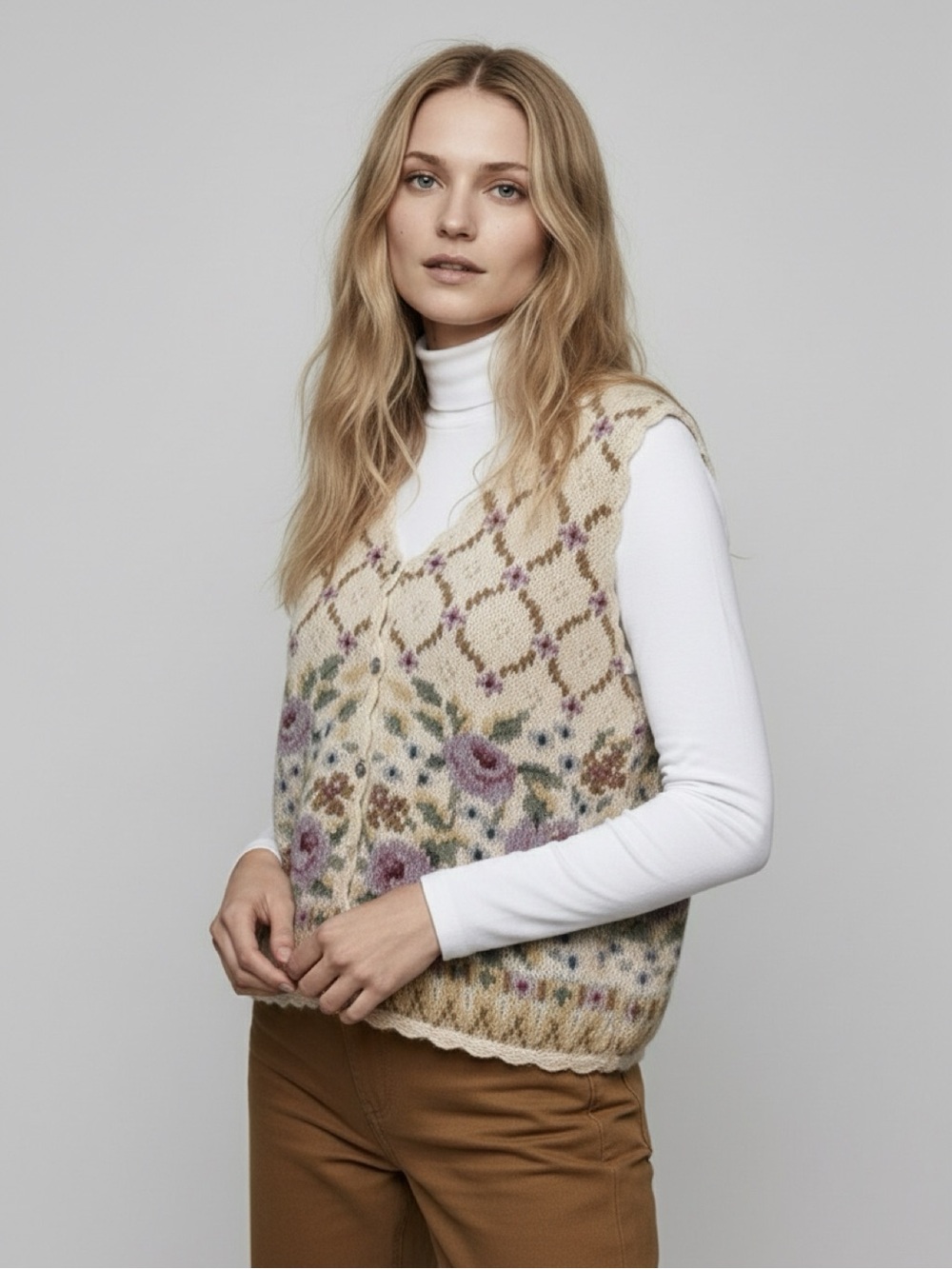VINTAGE NORTHERN ISLES‎ HAND-KNITTED FLORAL COTTAGE-CORE CREAM SWEATER VEST EUC